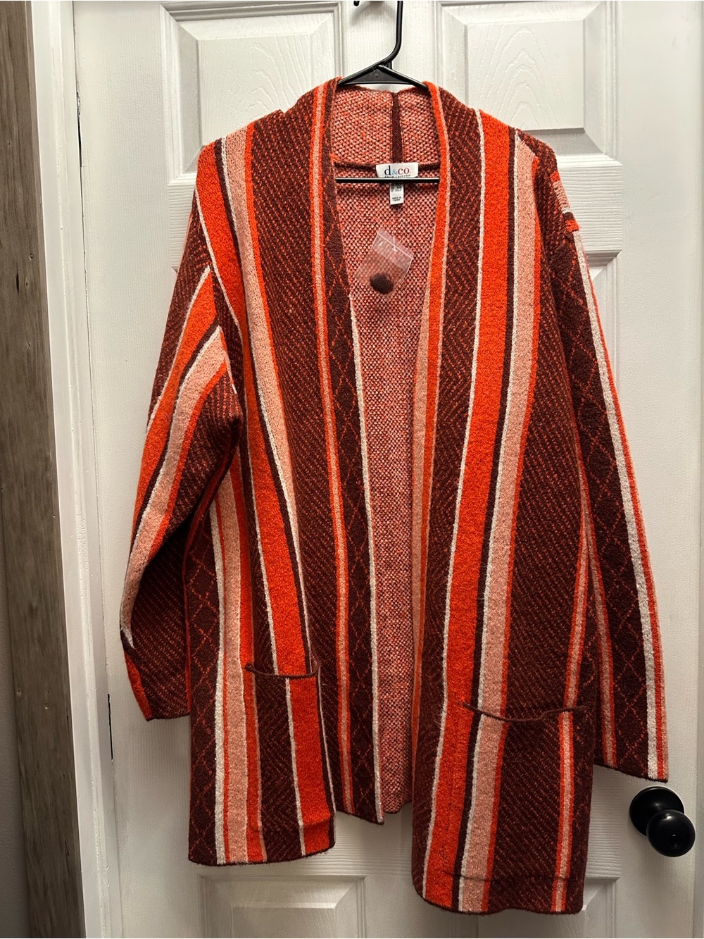 Denim & Co. Striped Open Cardigan Jacket in Red, Maroon & Cream 2XP